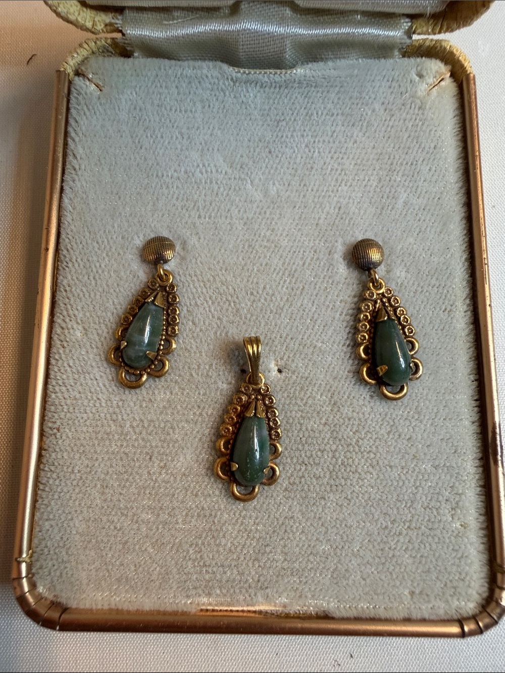 Vintage gold filled?plated? Teardrop Green Stone Pendant & Earring Set